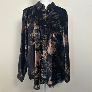 PILCRO Velvet Floral Button Down Shirt Black Bronze Long Sleeve Blouse Small